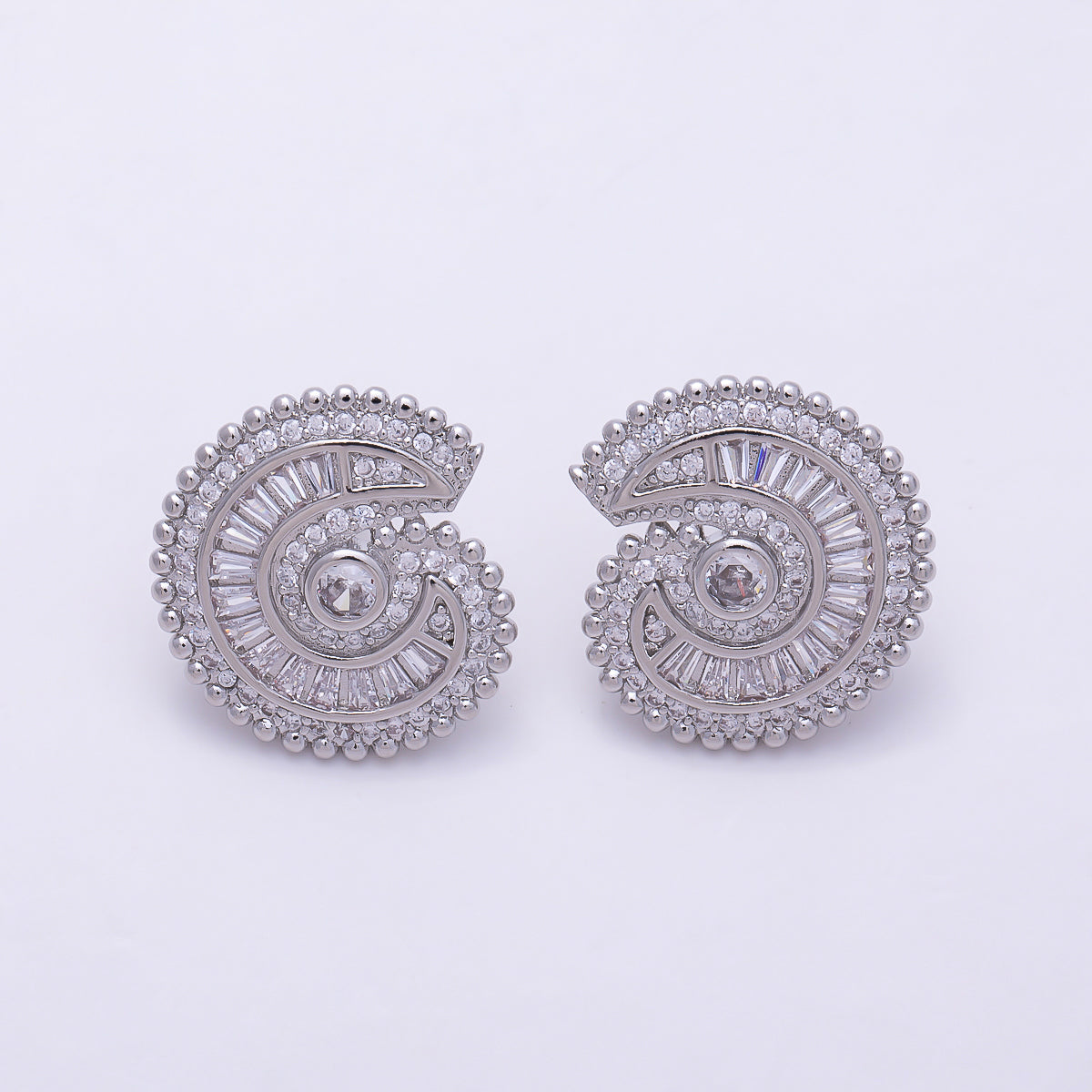 16K Gold Filled 19mm Baguette Micro Paved CZ Nautical Ocean Spiral Statement Stud Earrings in Gold & Silver | Earrings-00860 - Earrings-00861