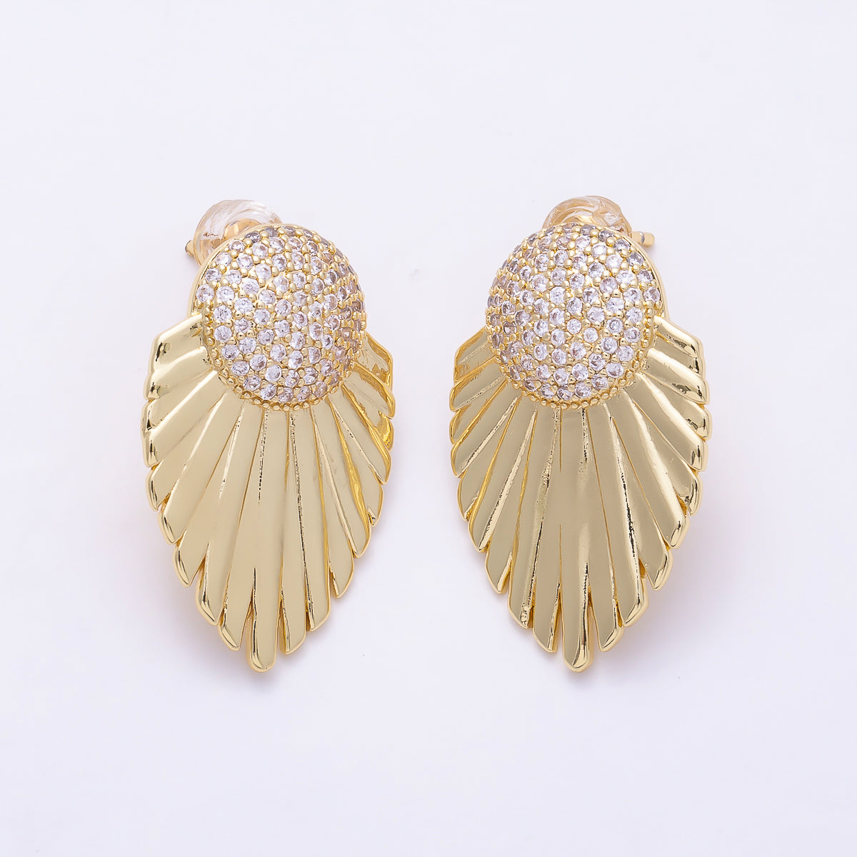 16K Gold Filled 27mm Dome Micro Paved CZ Art Deco Feather Fan Statement Stud Earrings in Gold & Silver | Earrings-00862 - Earrings-00863