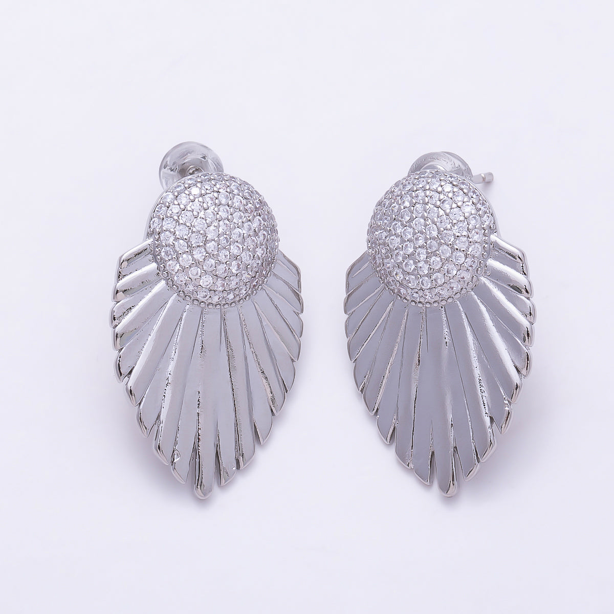 16K Gold Filled 27mm Dome Micro Paved CZ Art Deco Feather Fan Statement Stud Earrings in Gold & Silver | Earrings-00862 - Earrings-00863