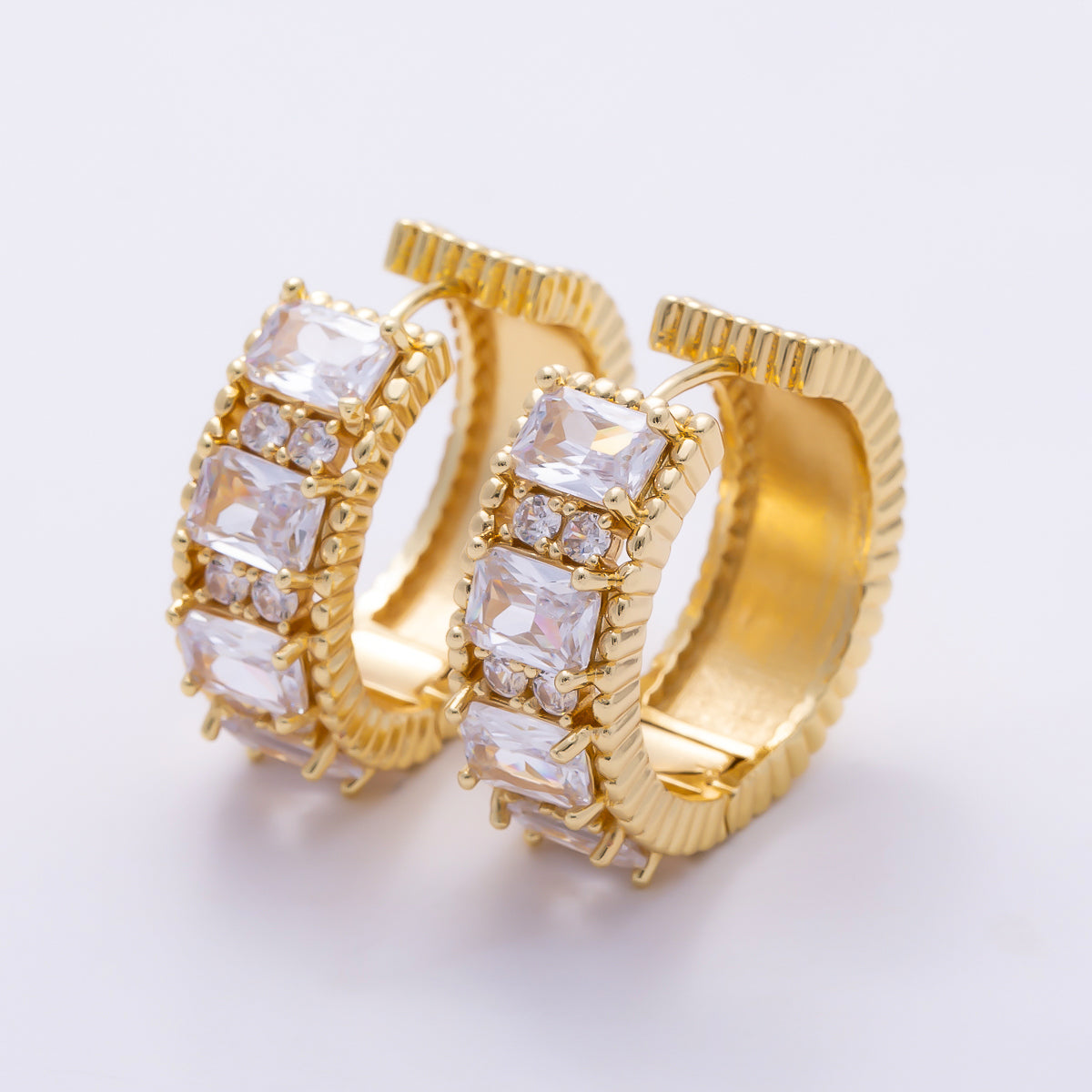 16K Gold Filled 29mm Clear Princess Cut CZ Wide Chunky Huggie Hoop Earrings in Gold & Silver | Earrings-00864 - Earrings-00865