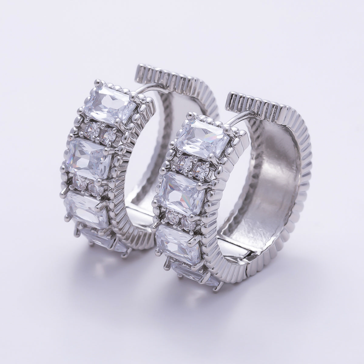 16K Gold Filled 29mm Clear Princess Cut CZ Wide Chunky Huggie Hoop Earrings in Gold & Silver | Earrings-00864 - Earrings-00865
