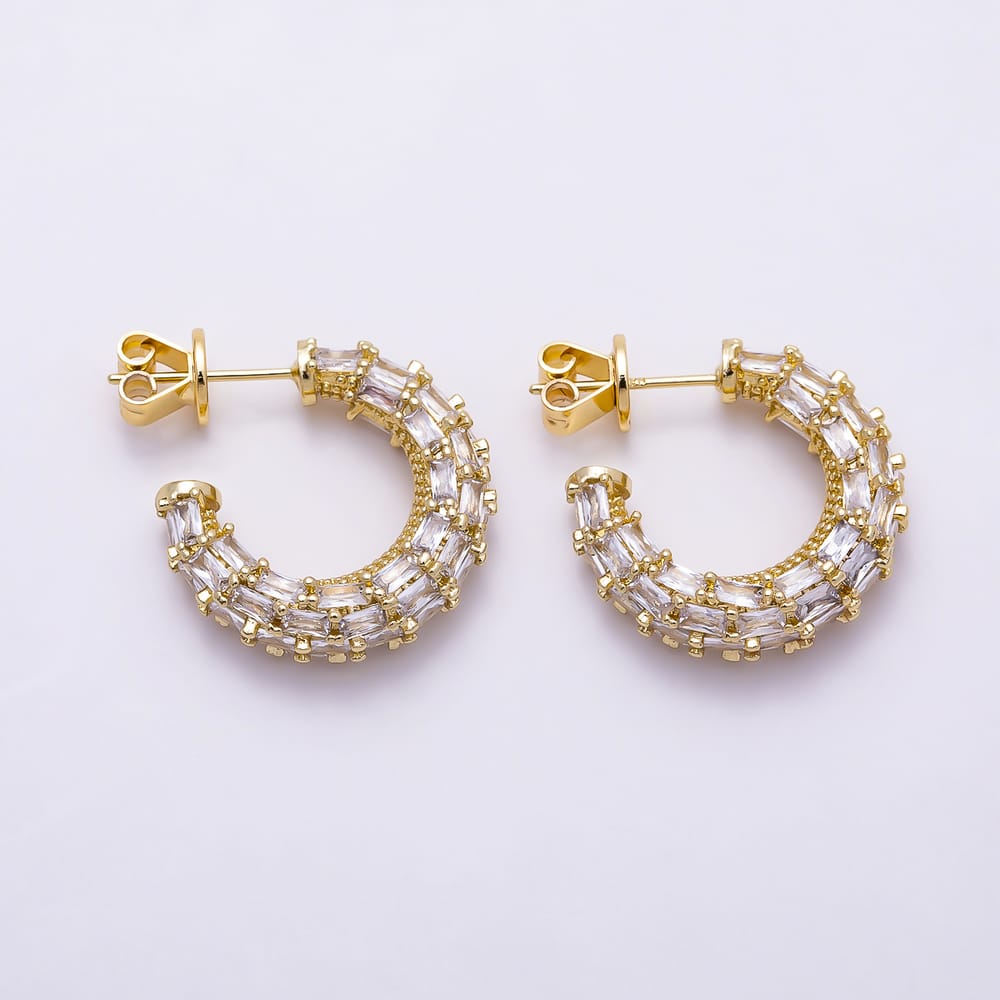 16K Gold Filled 25mm Baguette Lined C-Shaped Hoop Earrings in Gold & Silver | Earrings-00878 Earrings-00879