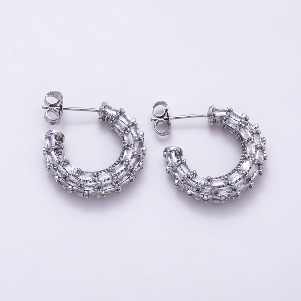 16K Gold Filled 25mm Baguette Lined C-Shaped Hoop Earrings in Gold & Silver | Earrings-00878 Earrings-00879
