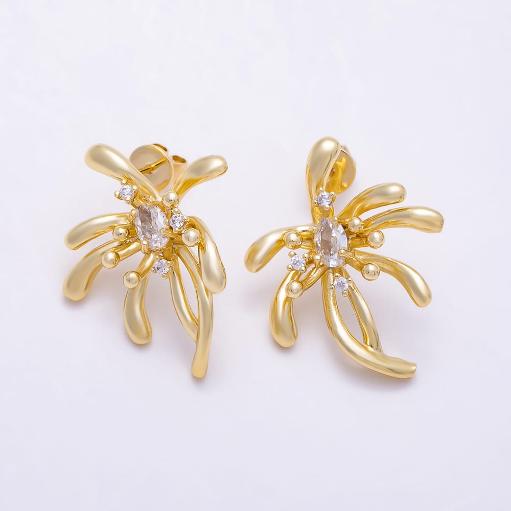 16K Gold Filled 30mm Oval CZ Sculptural Firework Stud Earrings in Gold & Silver | Earrings-00882 - Earrings-00883