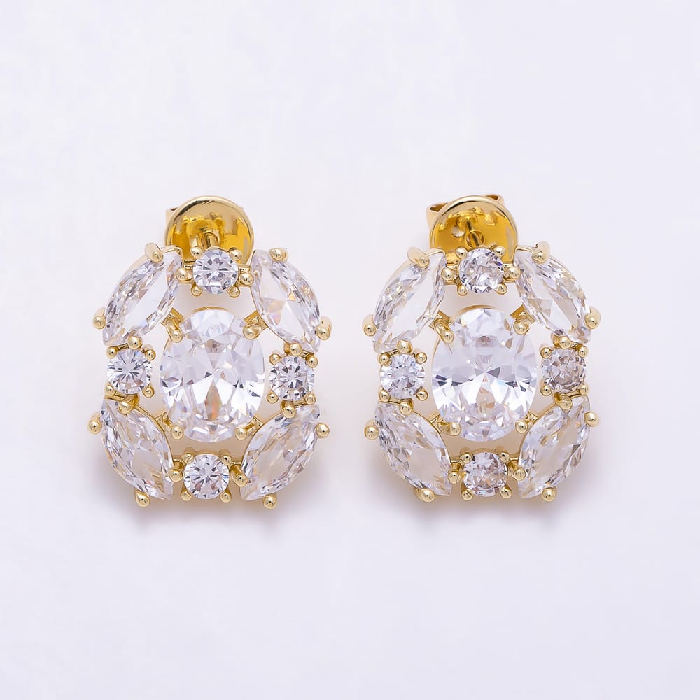 16K Gold Filled 17mm Oval & Marquise CZ Floral Cluster Stud Earrings in Gold & Silver | Earrings-00886 - Earrings-00887