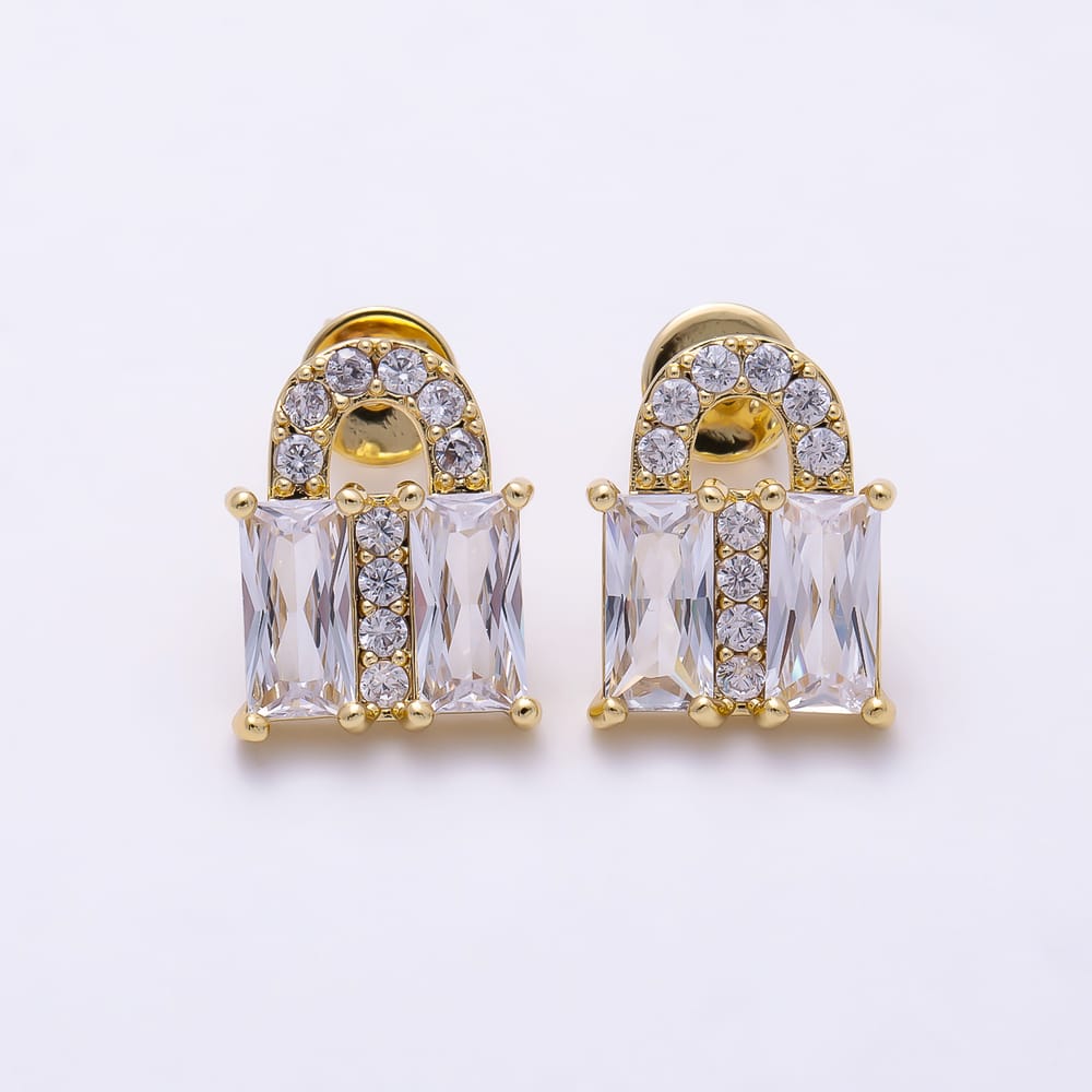 16K Gold Filled 15mm Clear Baguette CZ Handbag Lock Motif Stud Earrings| Earrings-00888 - Earrings-00889