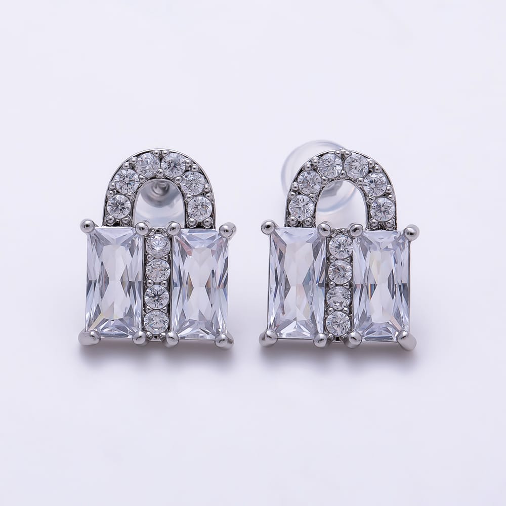 16K Gold Filled 15mm Clear Baguette CZ Handbag Lock Motif Stud Earrings| Earrings-00888 - Earrings-00889