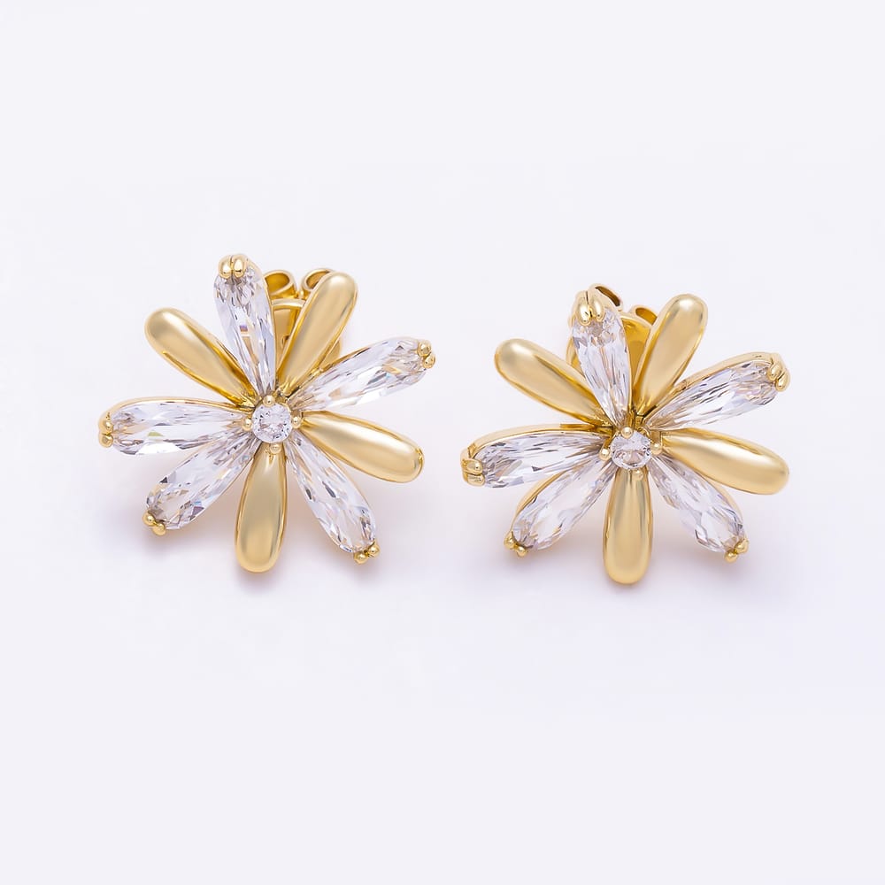 16K Gold Filled 19mm Marquise CZ & Smooth Petal Flower Stud Earrings in Gold & Silver | Earrings-00890 - Earrings-00891