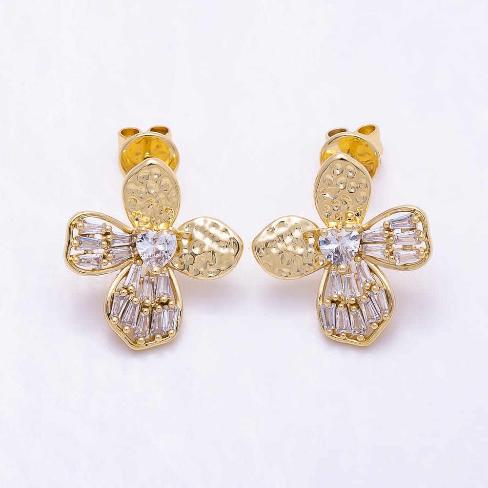 16K Gold Filled 19mm Heart & Baguette CZ Sandblasted Four-Petal Flower Stud Earrings in Gold & Silver | Earrings-00892 - Earrings-00893