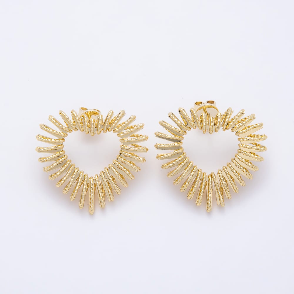 16K Gold Filled 27mm Sunburst Love Heart Ribbed Open Stud Earrings| Earrings-00896