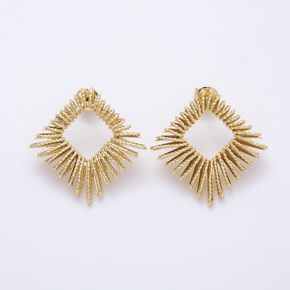 16K Gold Filled 29mm Sunburst Geometric Rhombus Ribbed Open Stud Earrings| Earrings-00897