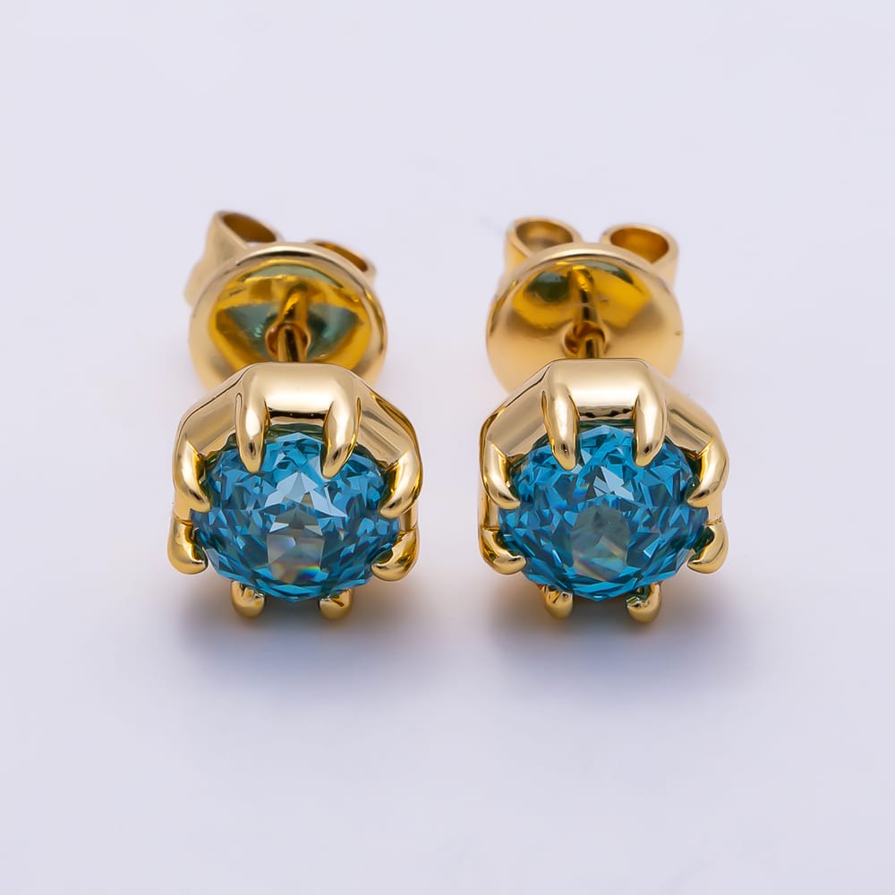 16K Gold Filled 17mm Blue Round CZ Claw Prong Solitaire Stud Earrings| Earrings-00903