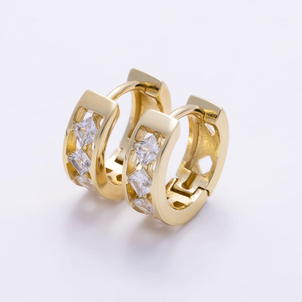 16K Gold Filled 14mm Clear Rhombus CZ Open Band Cartilage Huggie Earrings | Earrings-00907