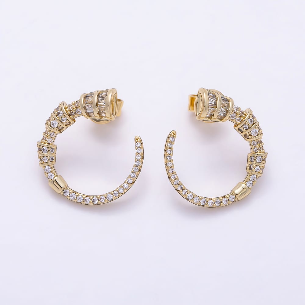 14K Gold Filled 20mm Baguette Micro Paved CZ Geometric Curved Circular Stud Earrings | Earrings-00909