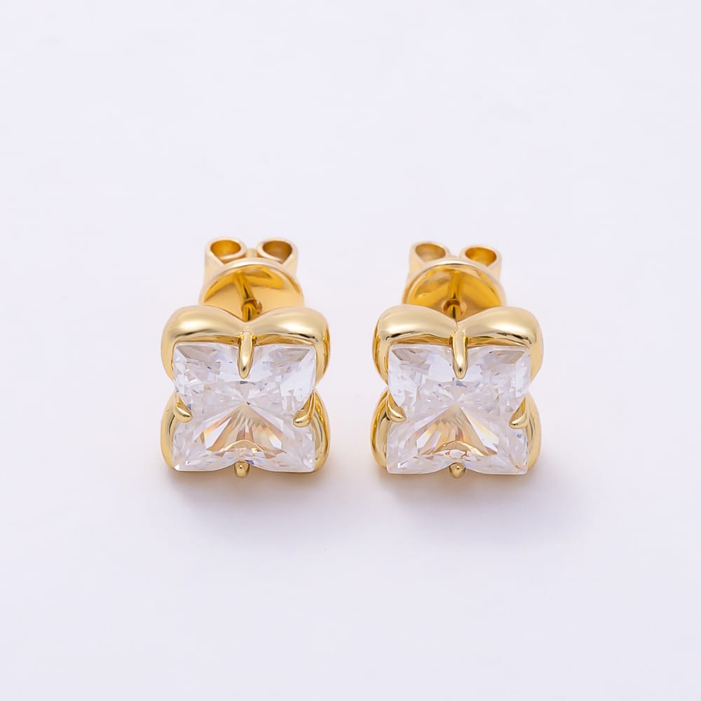 16K Gold Filled 19mm Princess Cut Clear CZ Four-Petal Flower Stud Earrings| Earrings-00912