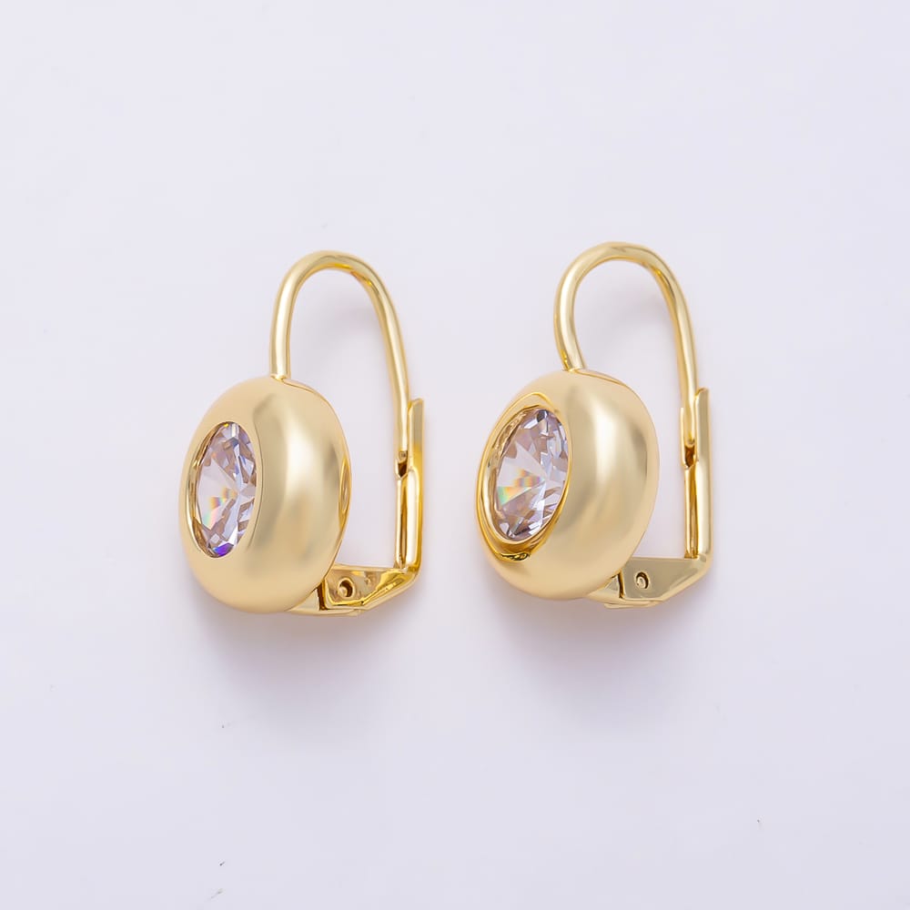 16K Gold Filled 21mm Round Solitaire Clear CZ Chunky Dome Leverback Earrings| Earrings-00913