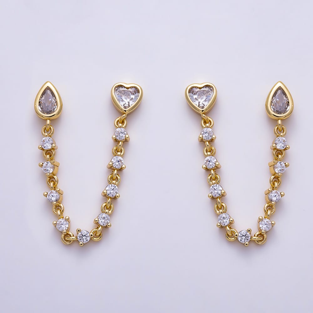 16K Gold Filled 66mm Pear & Heart CZ Double Piercing Tennis Chain Link Stud Earrings | Earrings-00914