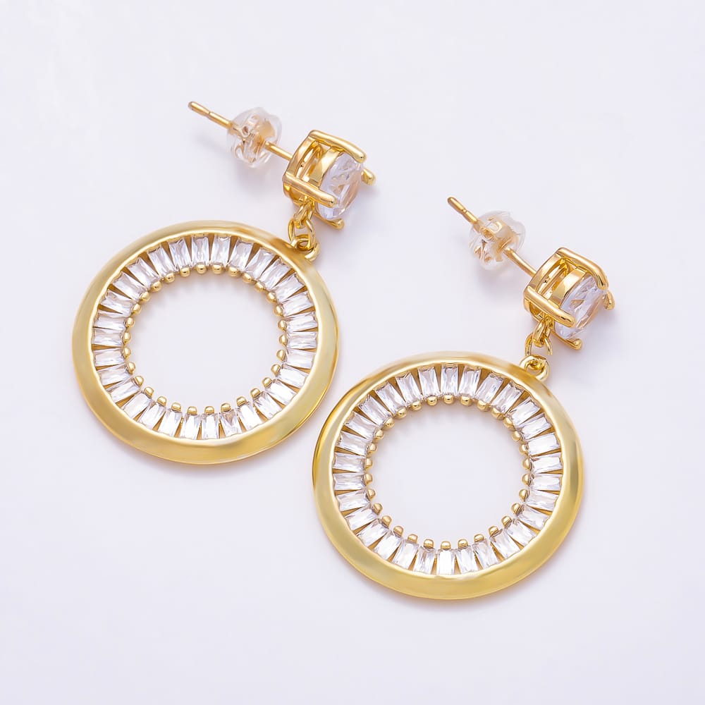 16K Gold Filled 35mm Round Solitaire & Baguette CZ Open Circle Drop Earrings| Earrings-00920 - Earrings-00921