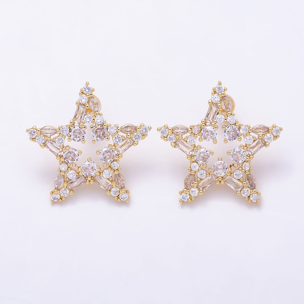 16K Gold Filled 27mm Mixed Cut Clear CZ Open Star Stud Earrings| Earrings-00922 - Earrings-00923