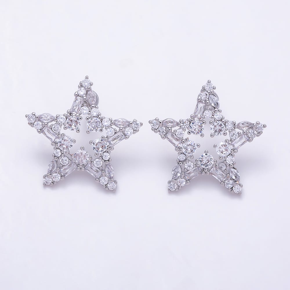 16K Gold Filled 27mm Mixed Cut Clear CZ Open Star Stud Earrings| Earrings-00922 - Earrings-00923