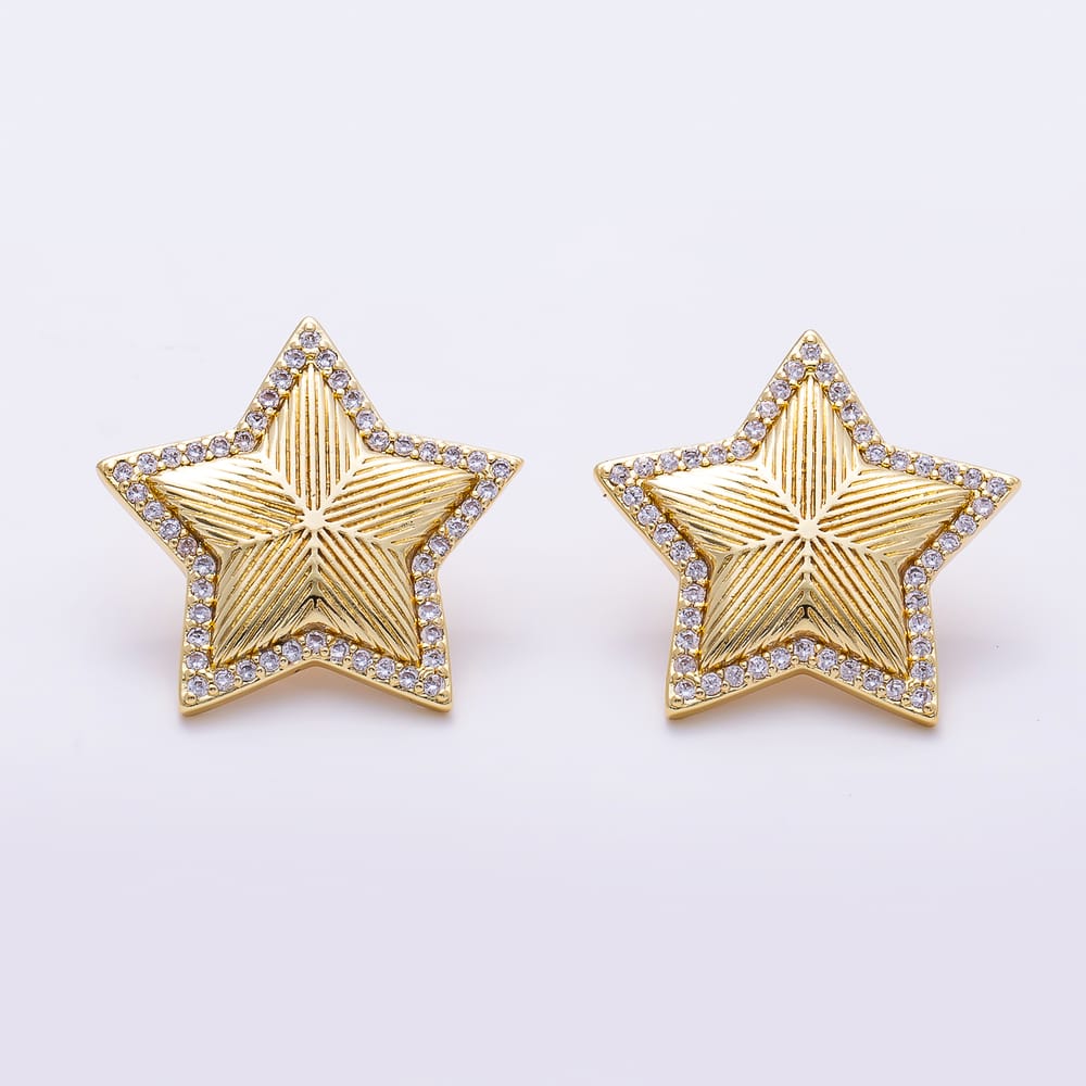 16K Gold Filled 23mm Micro Paved CZ Textured Puffed Celestial Star Stud Earrings| Earrings-00924 - Earrings-00925