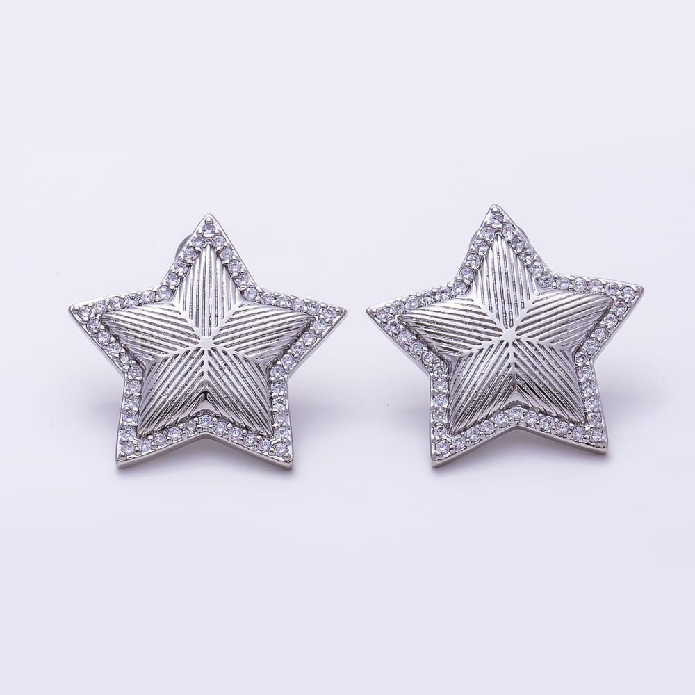 16K Gold Filled 23mm Micro Paved CZ Textured Puffed Celestial Star Stud Earrings| Earrings-00924 - Earrings-00925