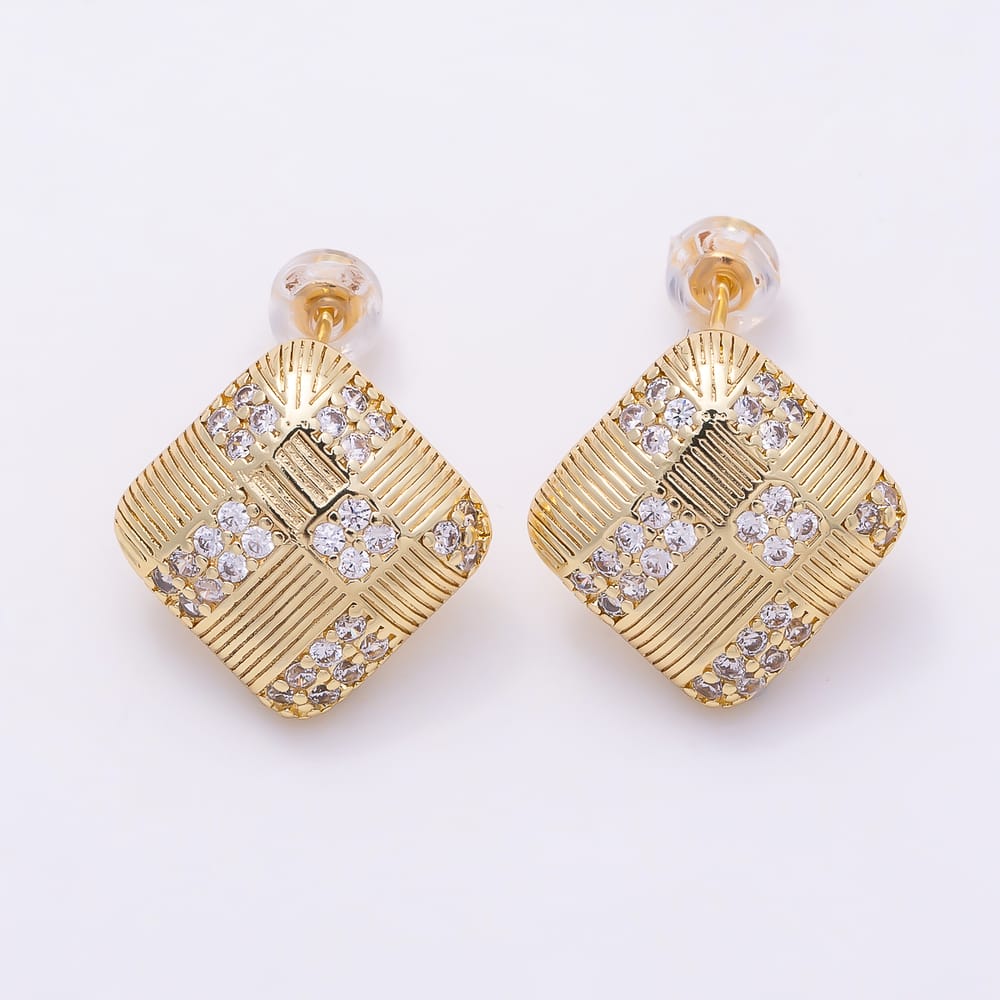 16K Gold Filled 17mm Micro Paved CZ Textured Rhombus Grid Stud Earrings| Earrings-00926