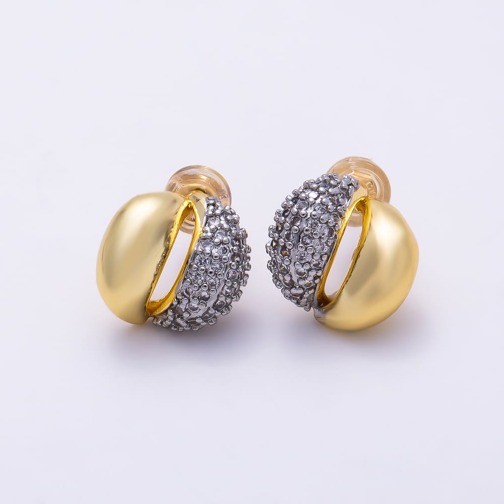 16K Gold Filled 16mm Micro Paved CZ Two Tone Curved Dome Stud Earrings| Earrings-00927