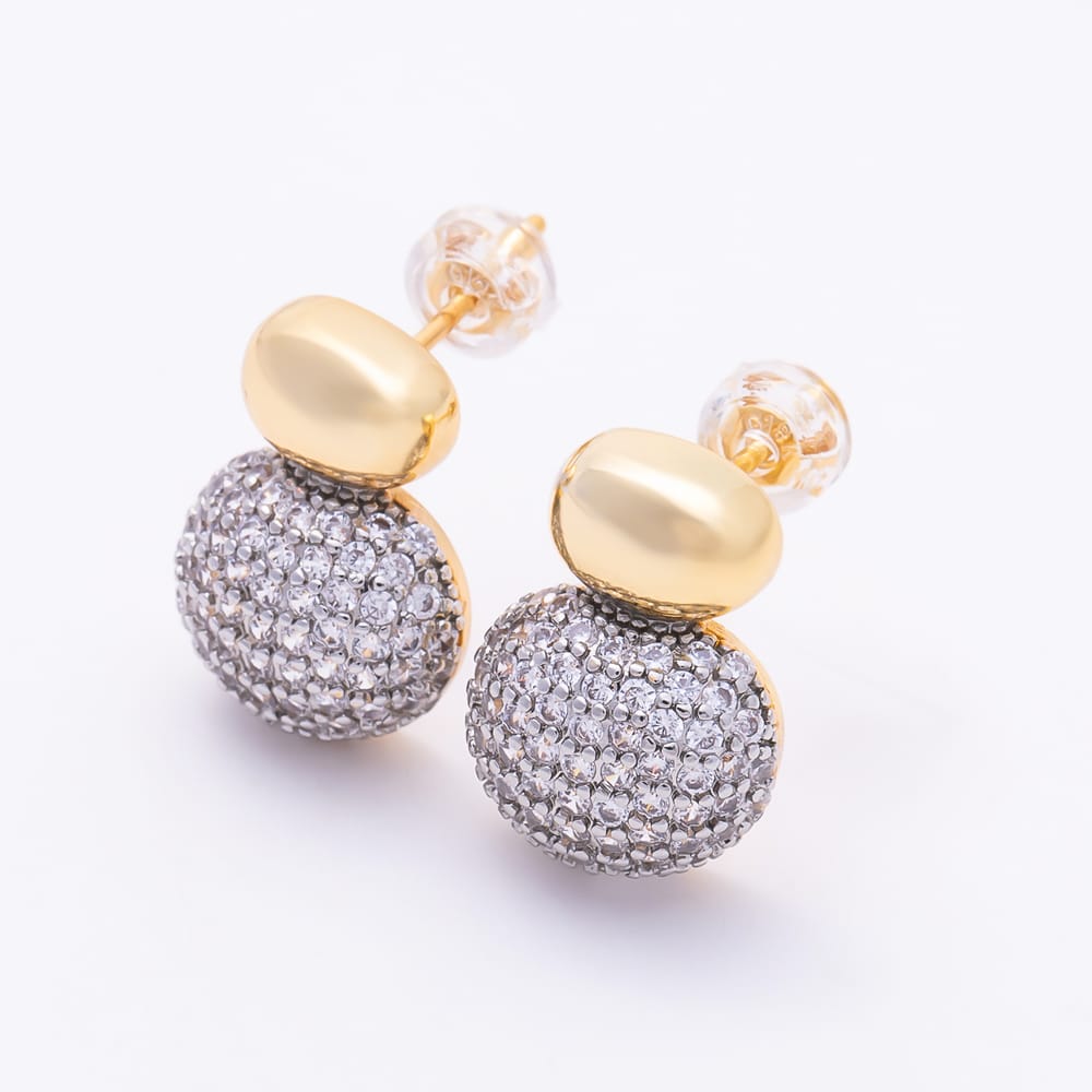 16K Gold Filled 17mm Micro Paved CZ Two Tone Double Pebble Stud Earrings| Earrings-00928