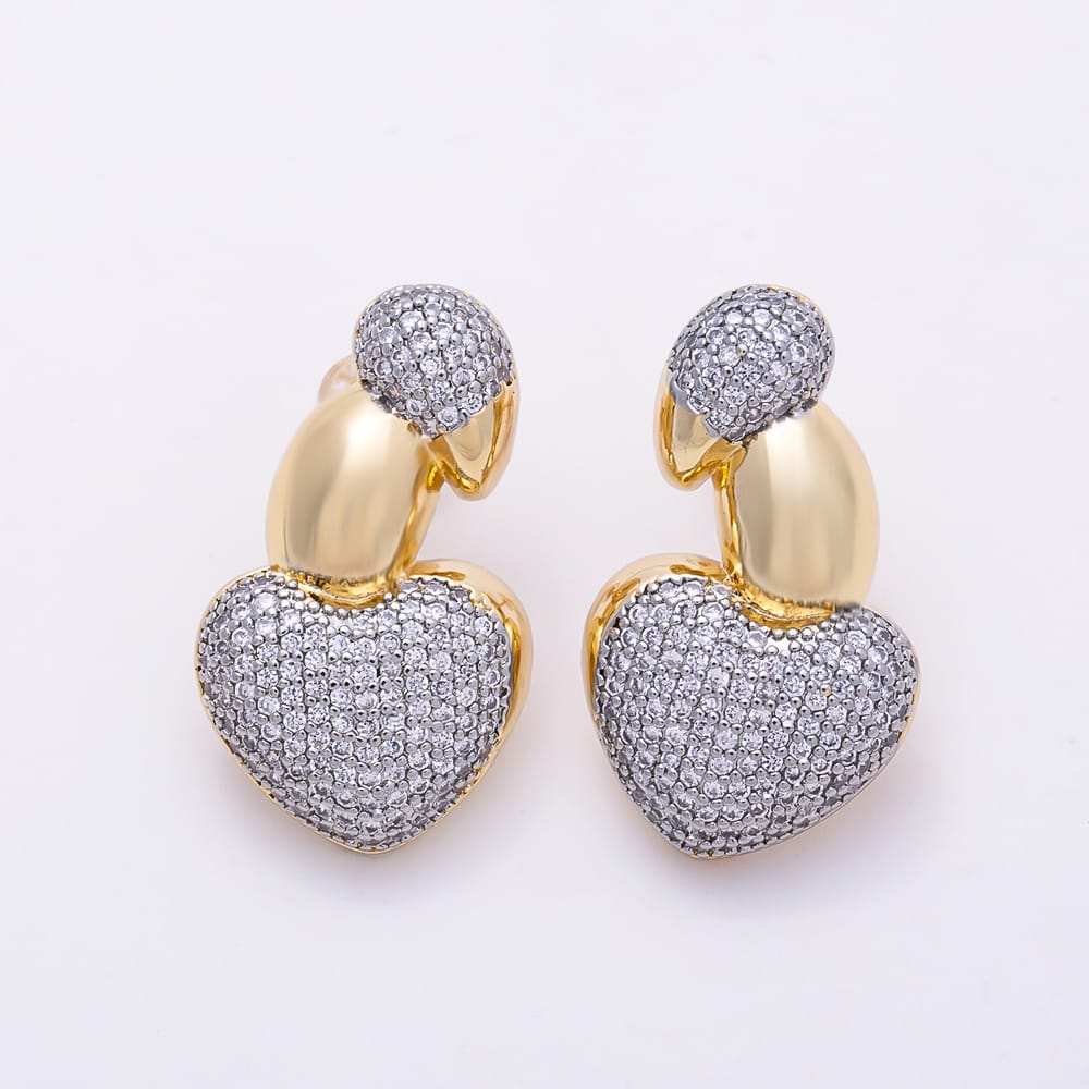 16K Gold Filled 16mm Micro Paved CZ Two Tone Puffed Heart Stud Earrings| Earrings-00929