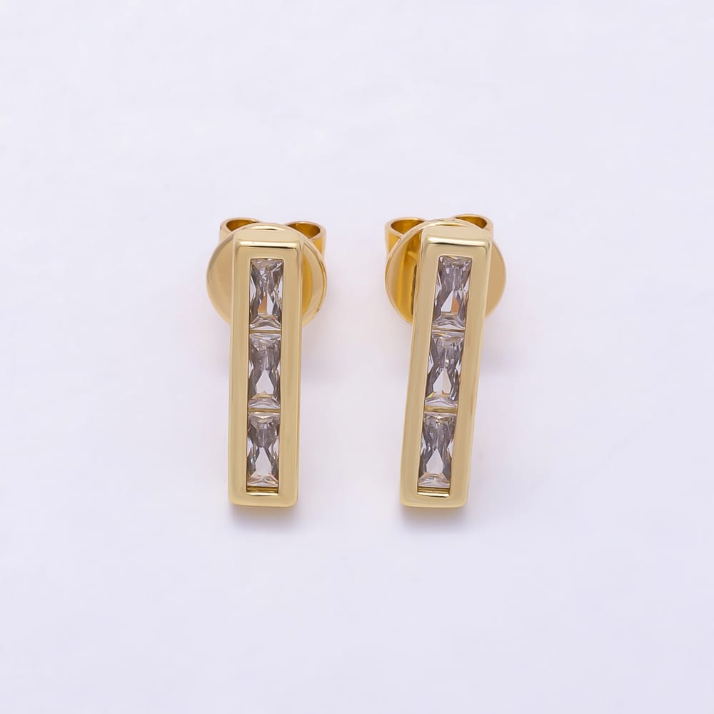 16K Gold Filled 14mm Vertical Bar Clear Baguette CZ Stud Earrings | Earrings-00931