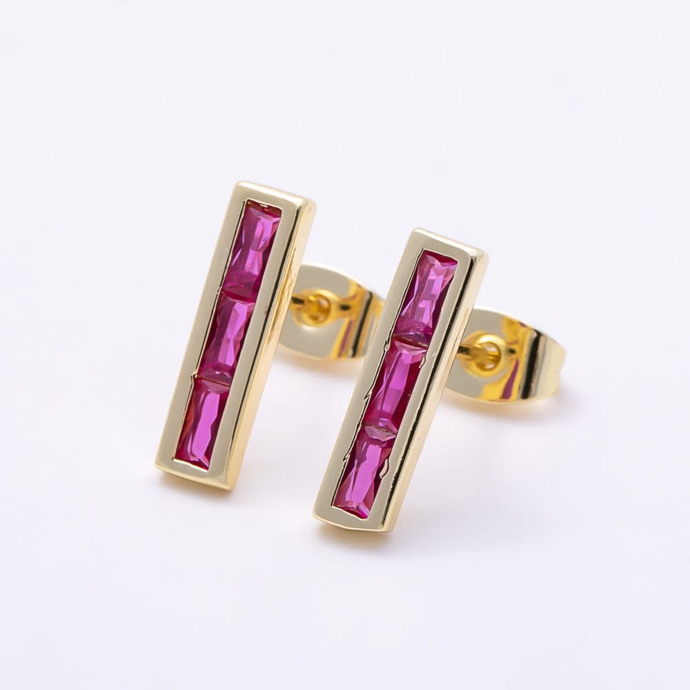 16K Gold Filled 13mm Vertical Bar Multi-Color Baguette CZ Stud Earrings | Earrings-00932 - Earrings-00933