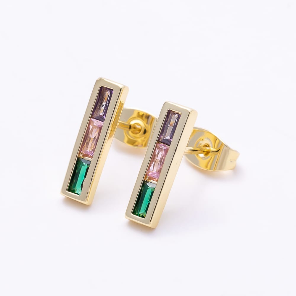 16K Gold Filled 13mm Vertical Bar Multi-Color Baguette CZ Stud Earrings | Earrings-00932 - Earrings-00933