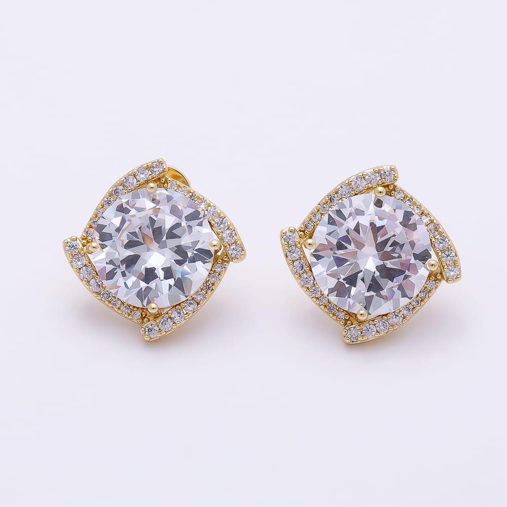 16K Gold Filled 18mm Round CZ Micro Paved Swirl Halo Stud Earrings| Earrings-00936