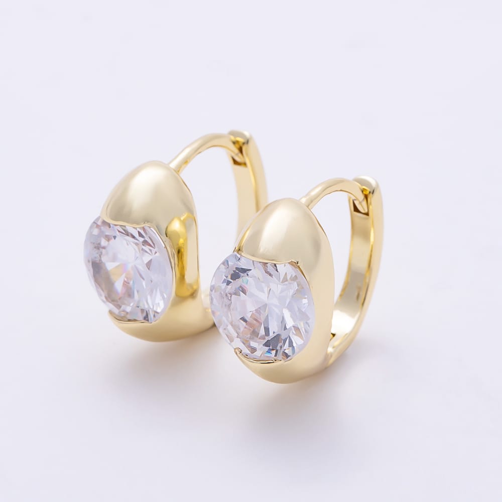 16K Gold Filled 15mm Round Clear CZ Solitaire Chunky Huggie Hoop Earrings | Earrings-00939