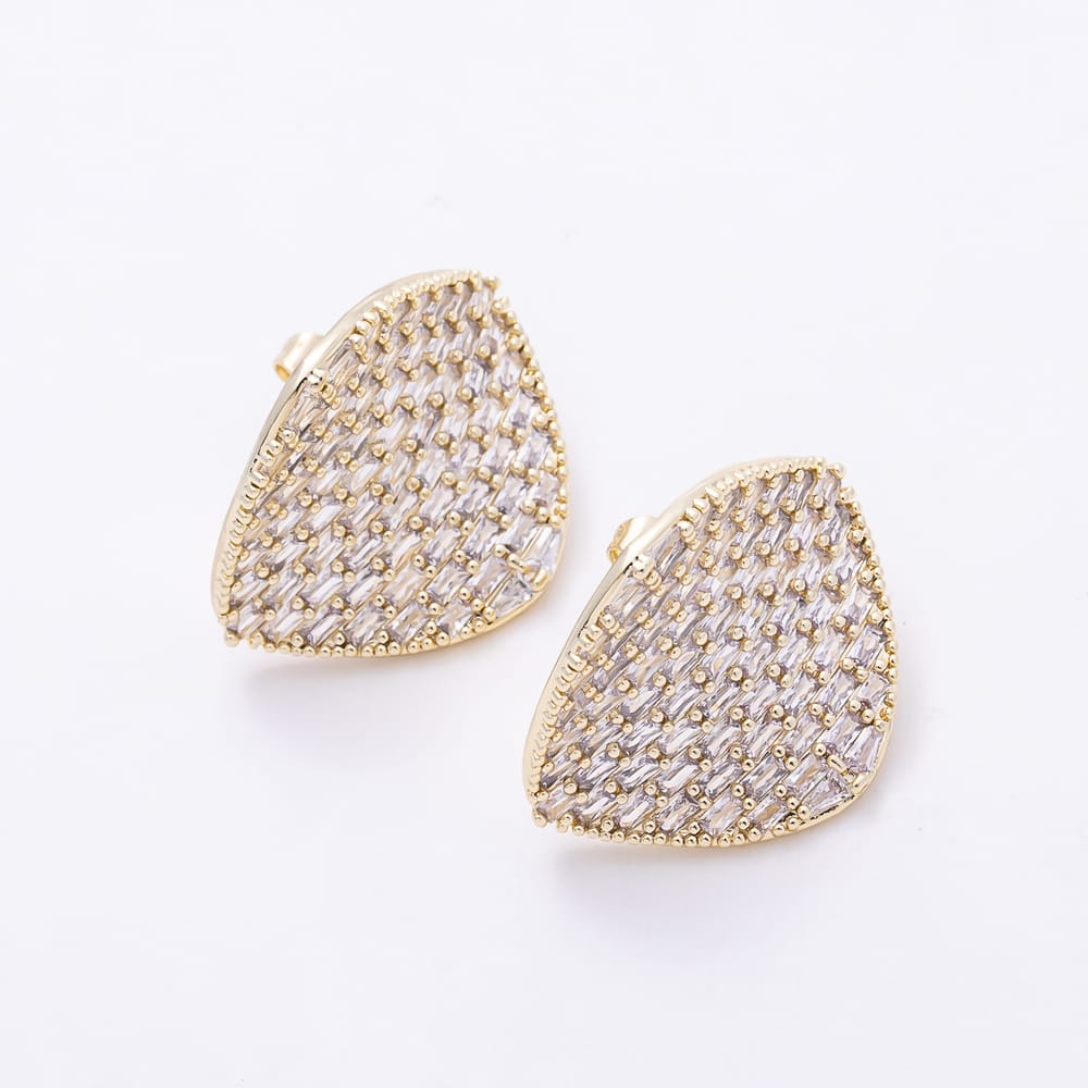 16K Gold Filled 29mm Clear Baguette Micro Paved CZ Organic Curved Triangle Stud Earrings | Earrings-00942