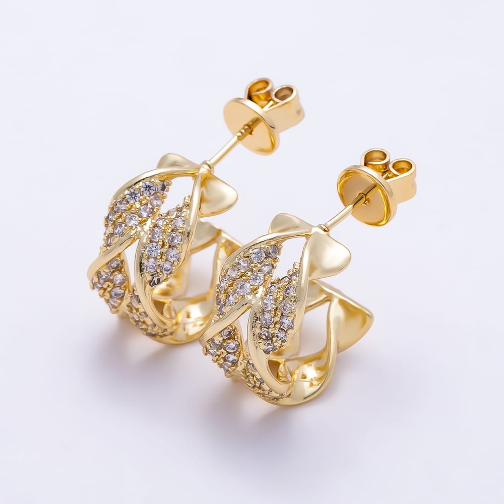 16K Gold Filled 25mm Micro Paved CZ Intertwined Leaf C-Hoops Earrings| Earrings-00943