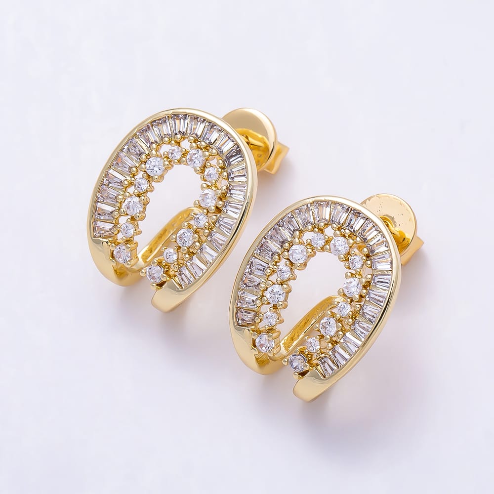 16K Gold Filled 18mm Horseshoe Baguette & Round CZ C-Hoop Stud Earrings | Earrings-00944