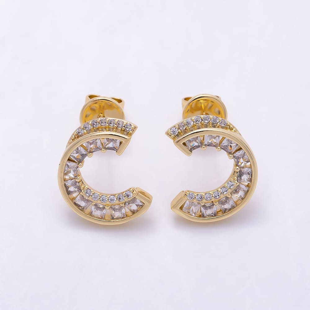 16K Gold Filled 16mm Double Row CZ C-Hoop Statement Earrings in Gold & Silver | Earrings-00945 - Earrings-00946