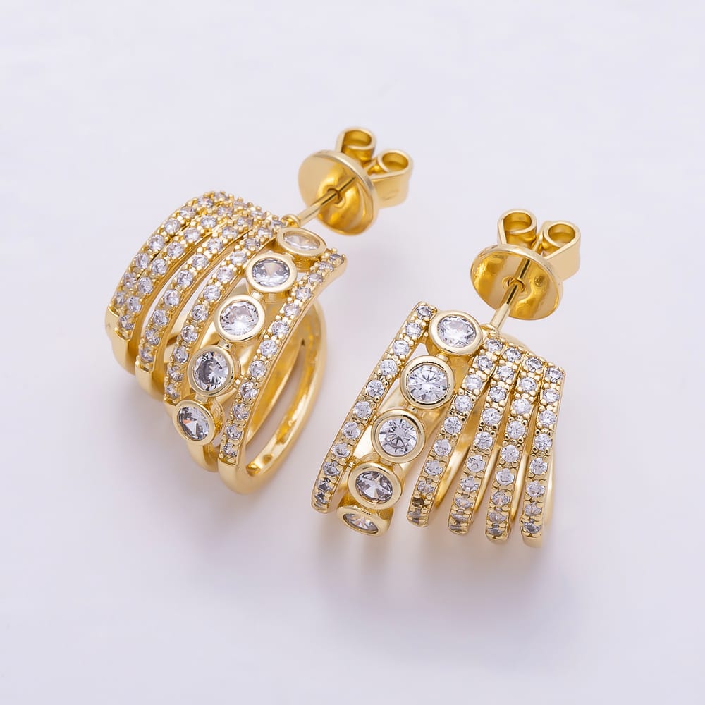 16K Gold Filled 25mm Micro Paved CZ Multi-Row Bezel C Hoops Earrings | Earrings-00949