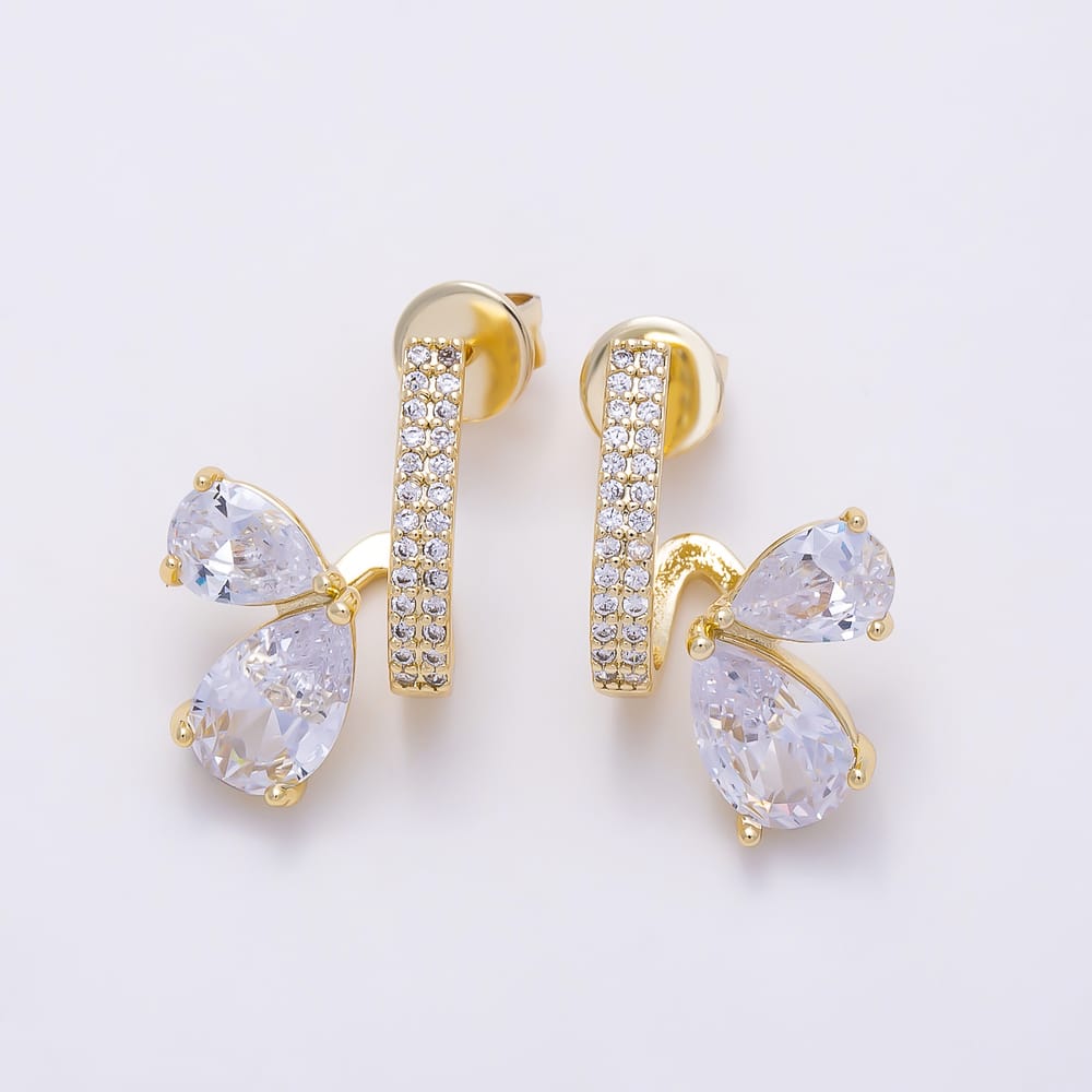 16K Gold Filled 19mm Micro Paved CZ Bar Double Pear Cut Drop C Hoops Earrings | Earrings-00951