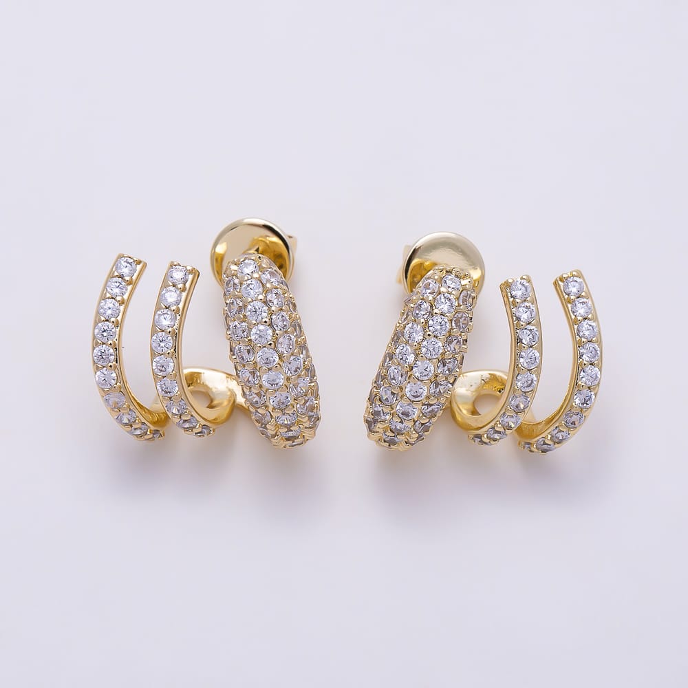 16K Gold Filled 16mm Micro Paved CZ Triple Curved Claw C Hoops Earrings | Earrings-00952