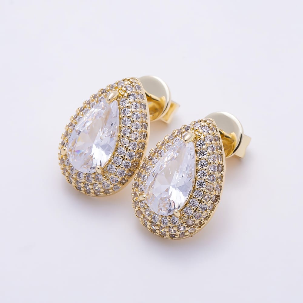 16K Gold Filled 16mm Micro Paved CZ Teardrop Bezel Stud Earrings | Earrings-00953
