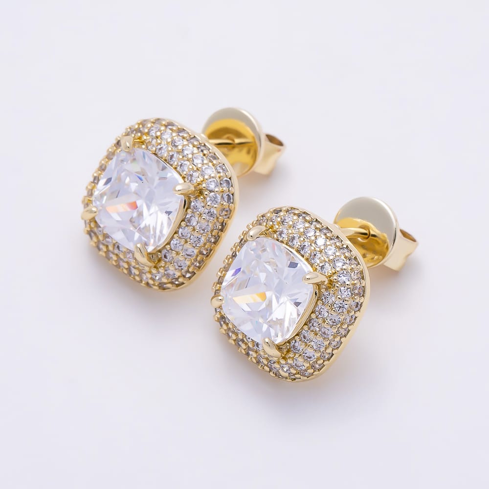 16K Gold Filled 17mm Micro Paved CZ Square Bezel Stud Earrings | Earrings-00954