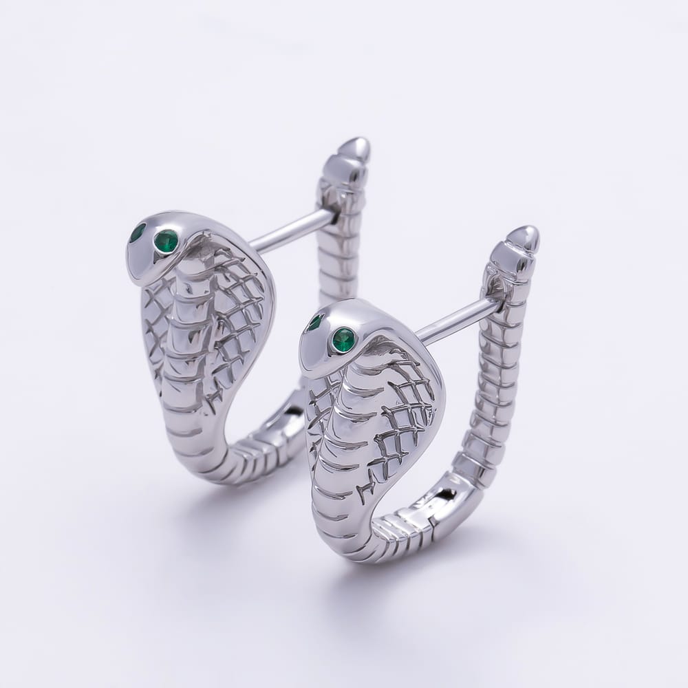 16K Gold Filled 19mm Green CZ Eyes Textured Snake Huggie Hoop Earrings| Earrings-00955 - Earrings-00956
