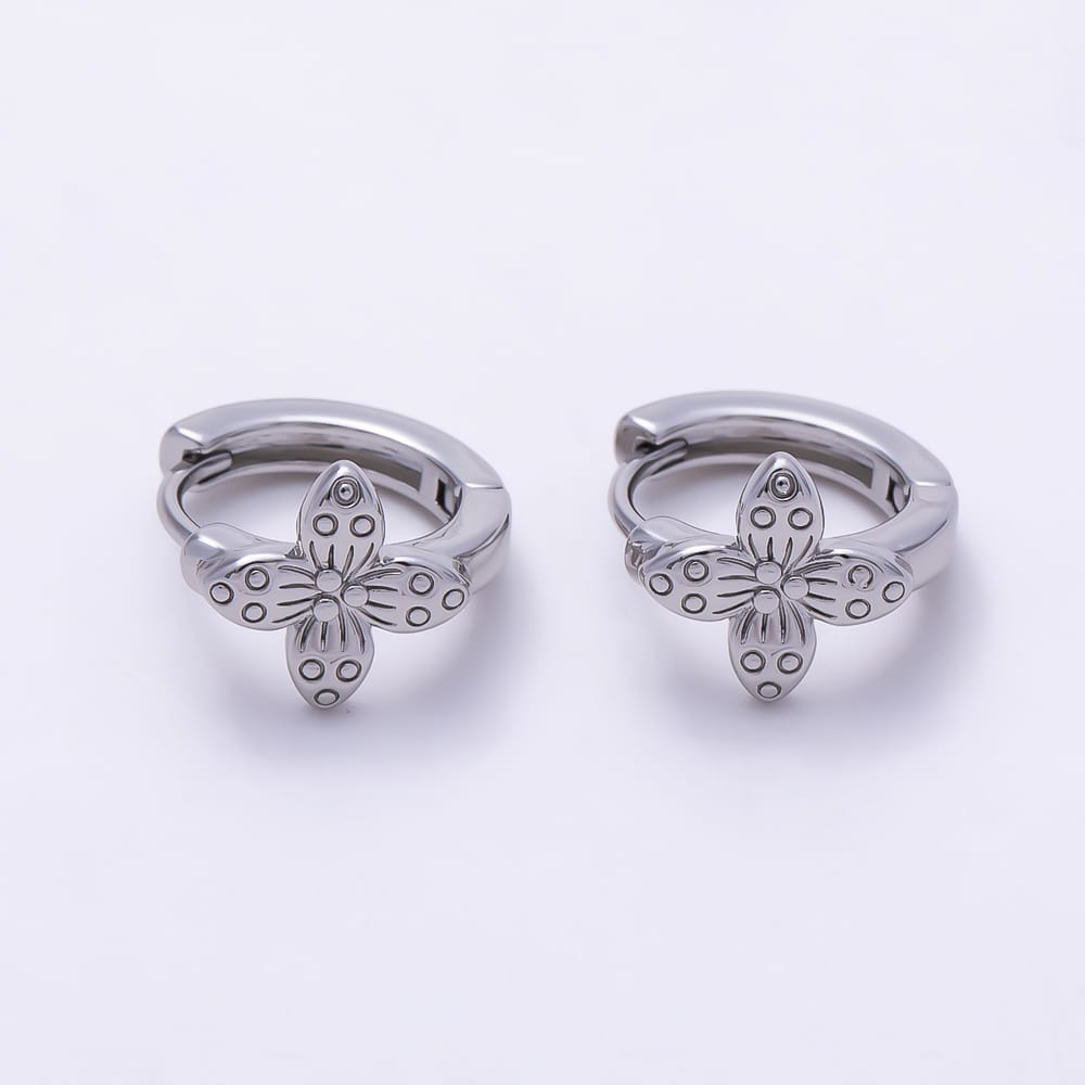 16K Gold Filled 14mm Engraved Four-Petal Flower Huggie Hoop Earrings | Earrings-00959 - Earrings-00960