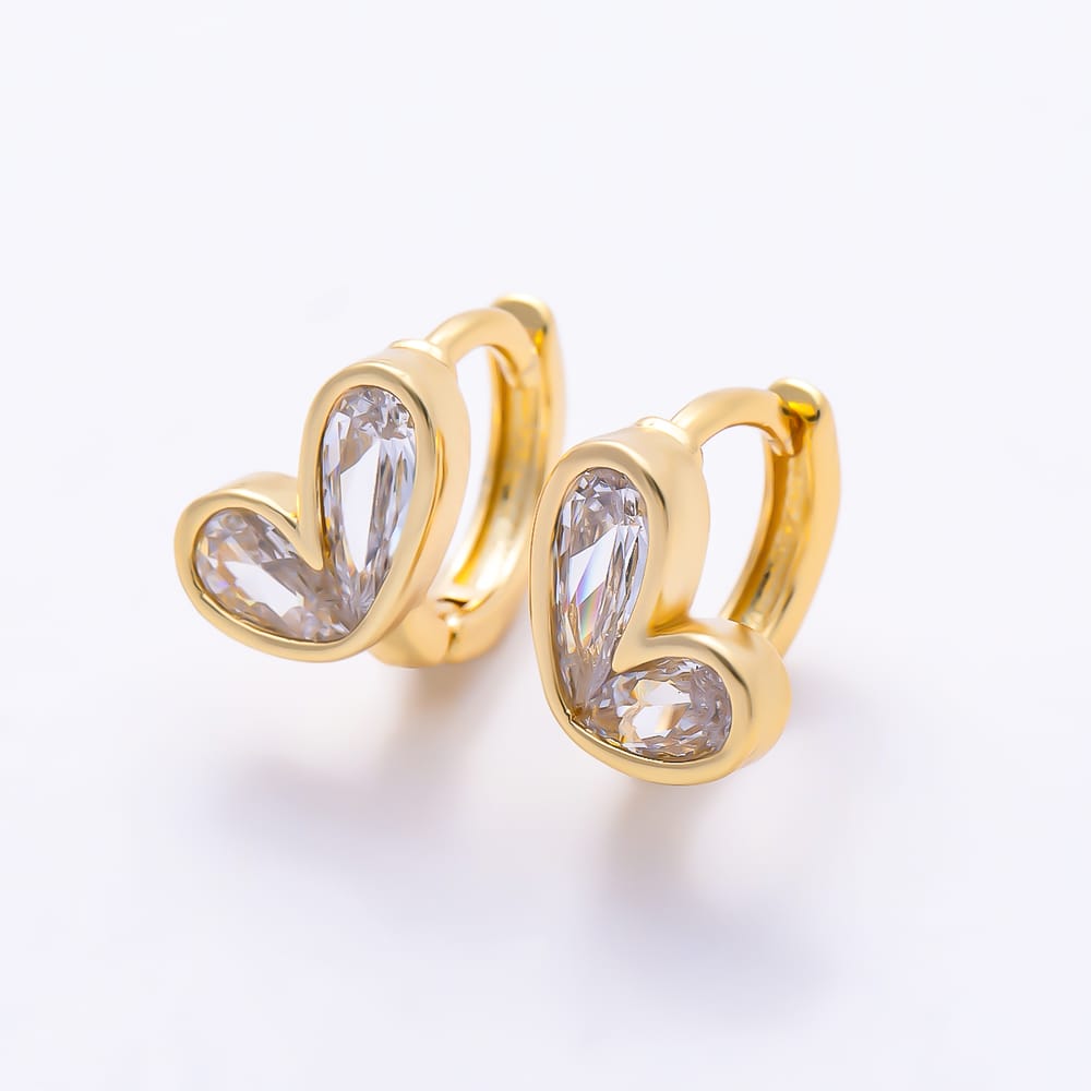16K Gold Filled 11mm Bezel Set Clear CZ Heart Huggie Earrings | Earrings-00963