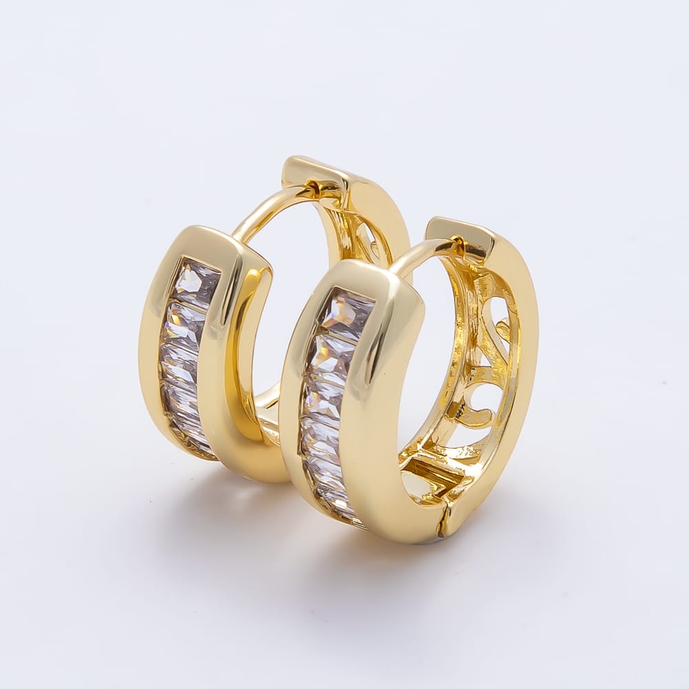 16K Gold Filled 16mm Baguette Clear CZ Huggie Hoop Earrings| Earrings-00967
