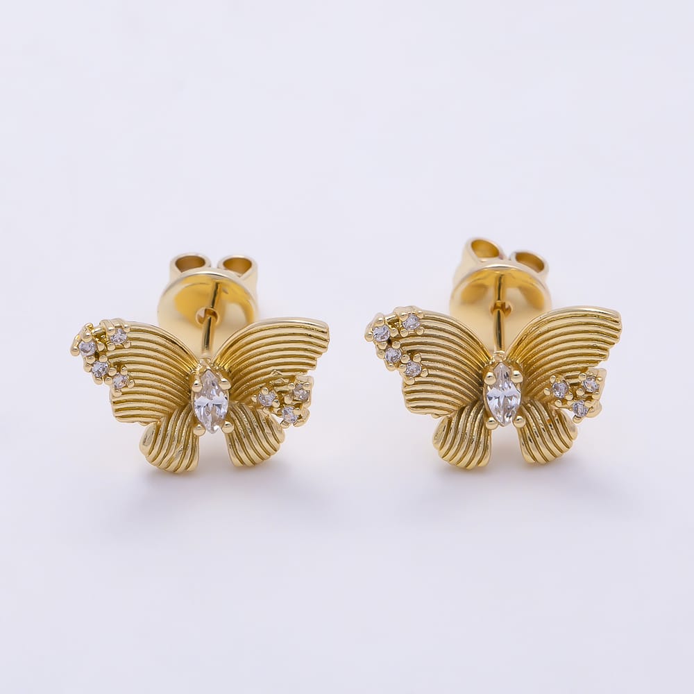 16K Gold Filled 17mm Textured Butterfly Marquise CZ Animal Stud Earrings| Earrings-00971