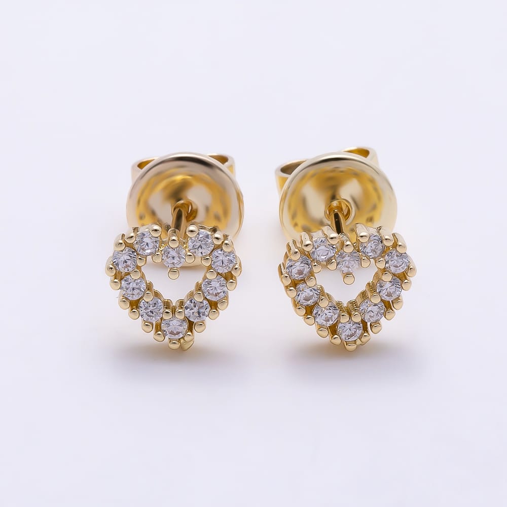 16K Gold Filled 6.5mm Clear Micro Paved CZ Open Heart Mini Stud Earrings | Earrings-00972